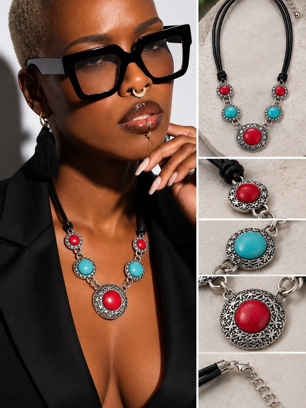 Boho Statement Necklace with Red & Turquoise Stones
